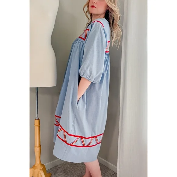 70s Blue Krist Gudnason for Rainbow Trim Cotton 1970s Vintage Midi Shift Dress - Picture 6 of 15